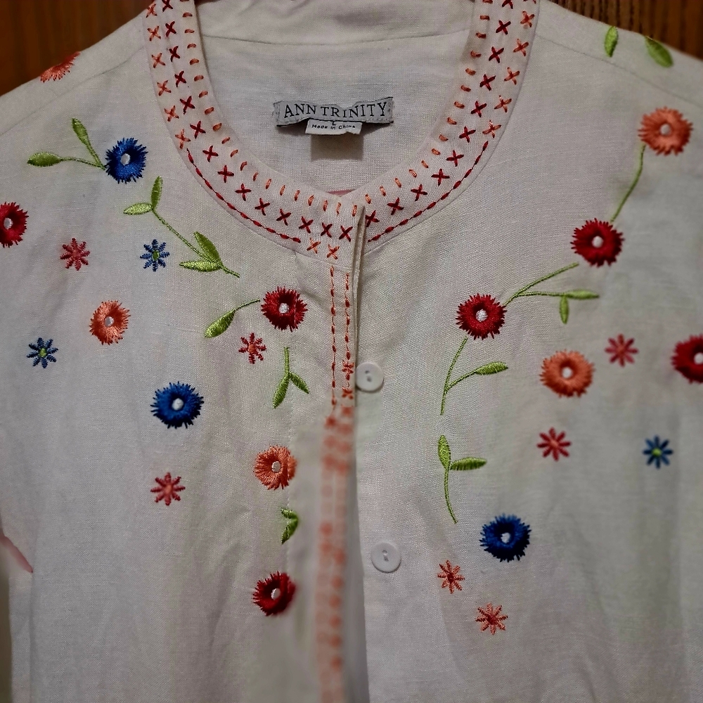 Vtg Ann Trinity Linen Embroidered Colorful Floral Boho Style Lined Jacket Sz LG